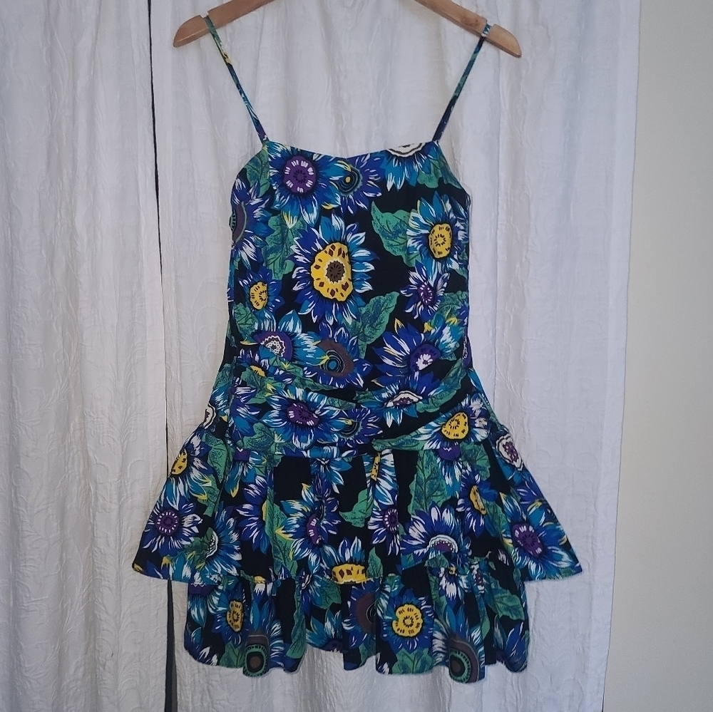 ISADORA Floral Fitted Bodice Structured Hem Dress Blue Green Size 13/14